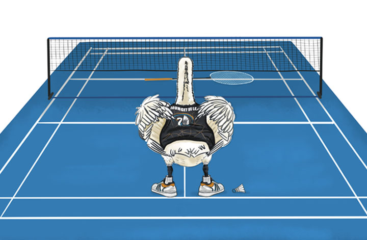 Cygne du Bourget du lac qui joue au badminton